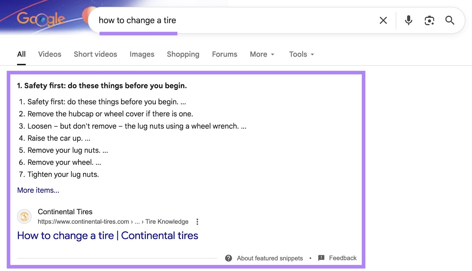 Google SERP for the term "how to change a tire" with a featured snippet appearing as the top result.
