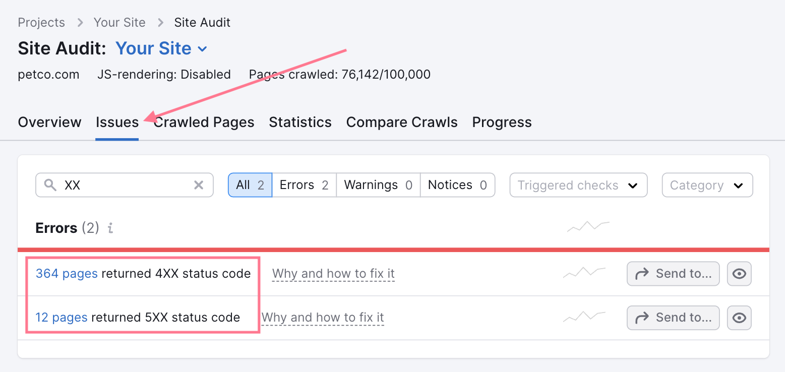 Issues tab in Site Audit tool