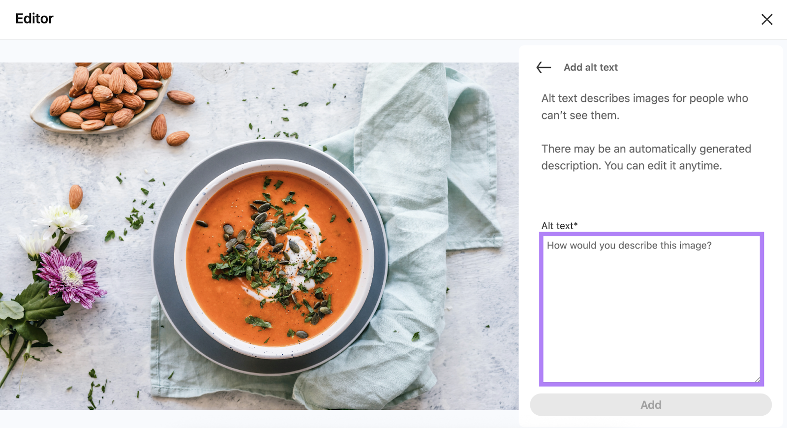 When attaching an image, select add alt text to enter your description.