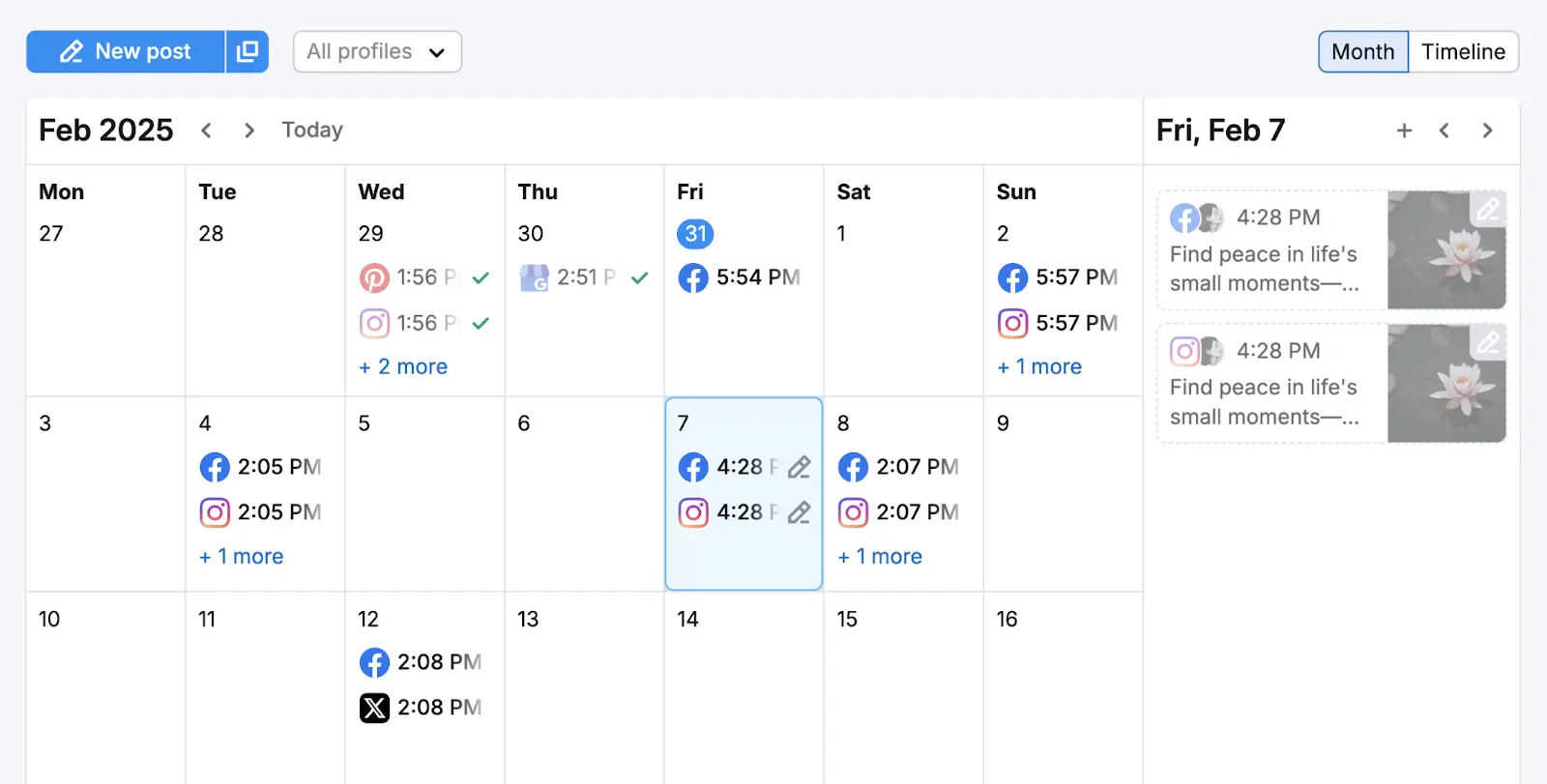 Social Poster calendar showing scheduled posts for Facebook, Instagram, Pinterest, and X.