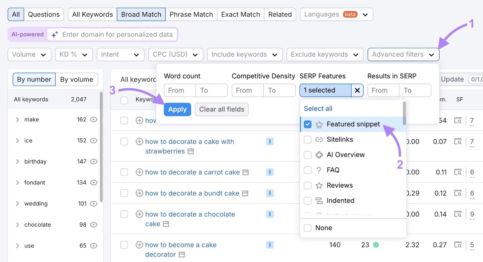 Keyword Magic Tool with the "Advanced filters" drop-down opened, "Featured snippet" selected, and "Apply" clicked.