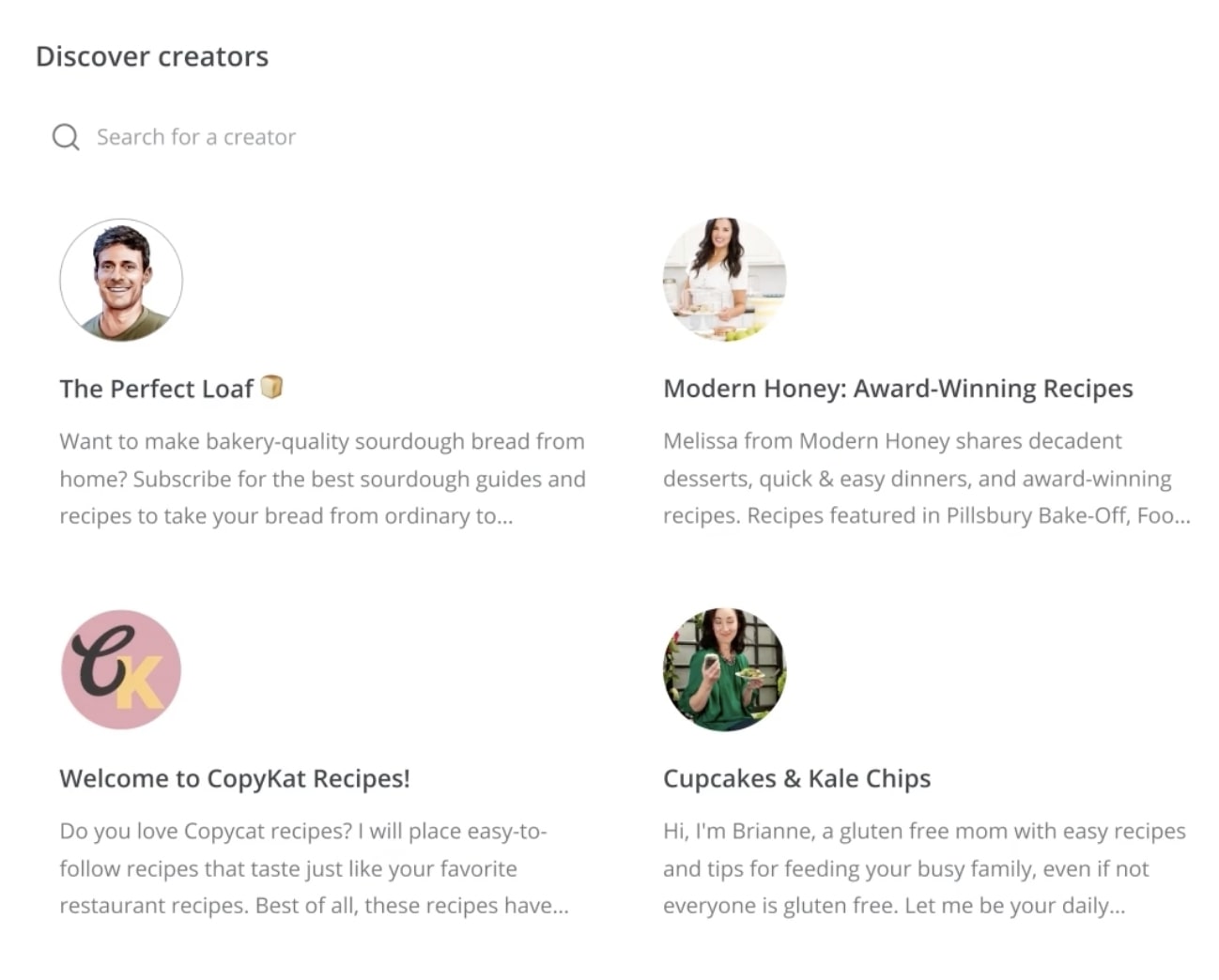 ConvertKit's 'Discover creators' function via search bar or category