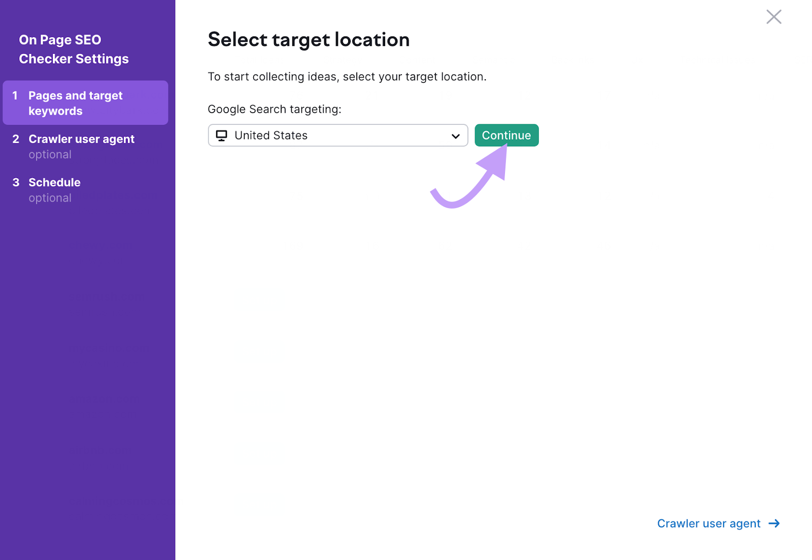 "United States" location selected in On Page SEO Checker configuration window