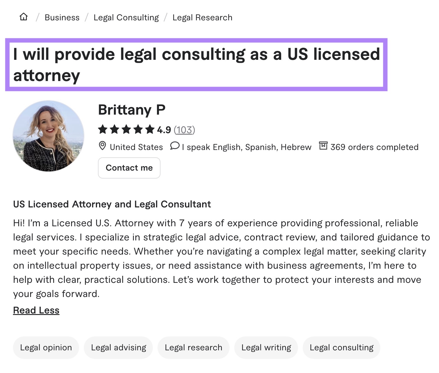 A gig title clearly stating what the provider is offering on Fiverr.