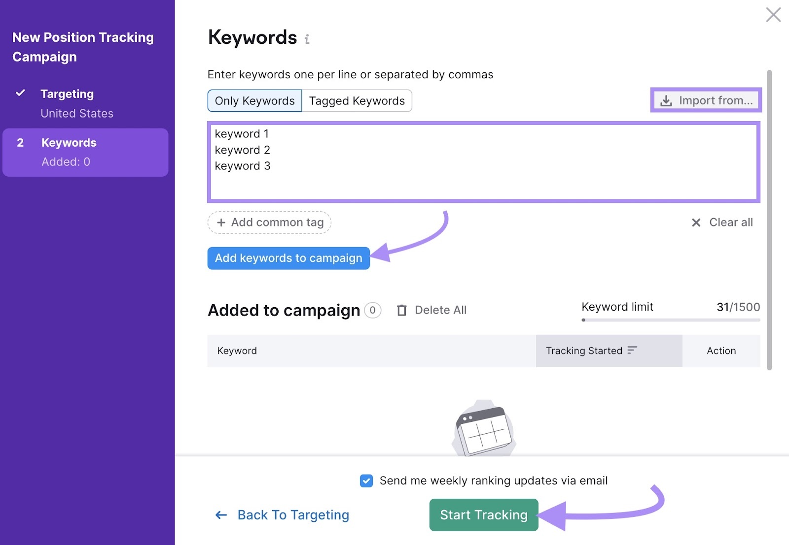 Keywords settings on the Position Tracking tool with a list of keywords added to the campaign and "Start Tracking" clicked.