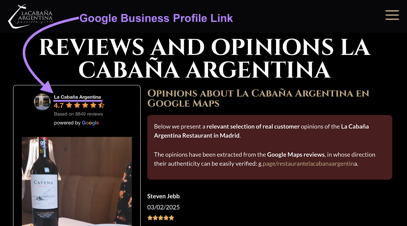 The Google Business Profile link appears in a widget showing the business name, average star rating, and recent customer video.