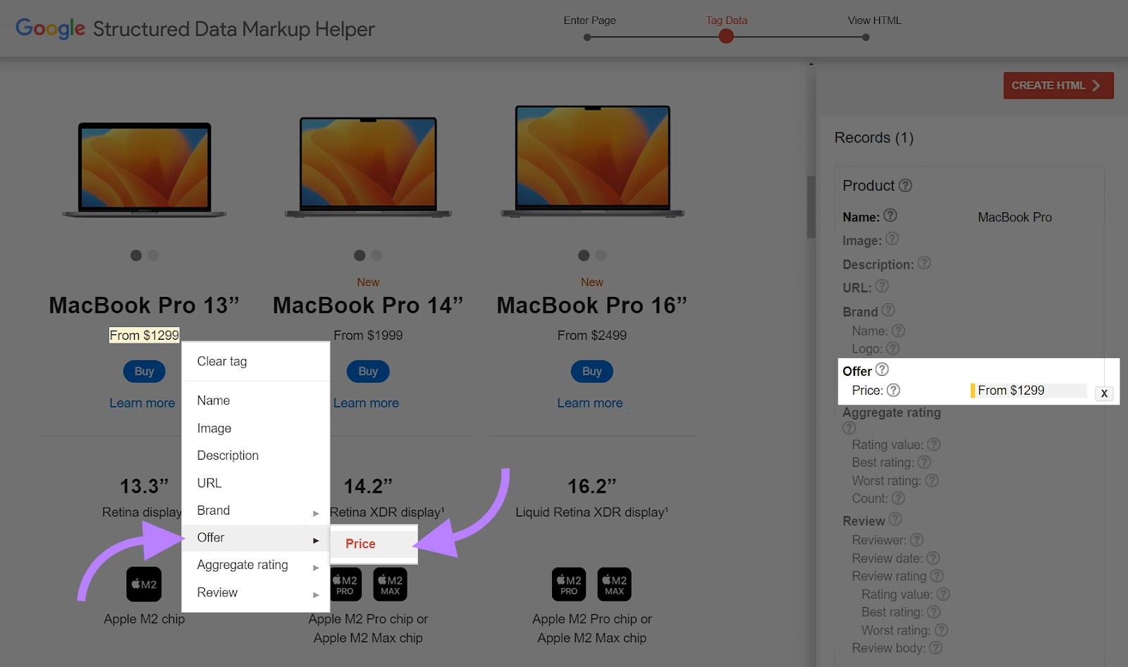 Google Structured Data Markup Helper tool with the “Offer” and “Price” options selected in the drop-down menu.