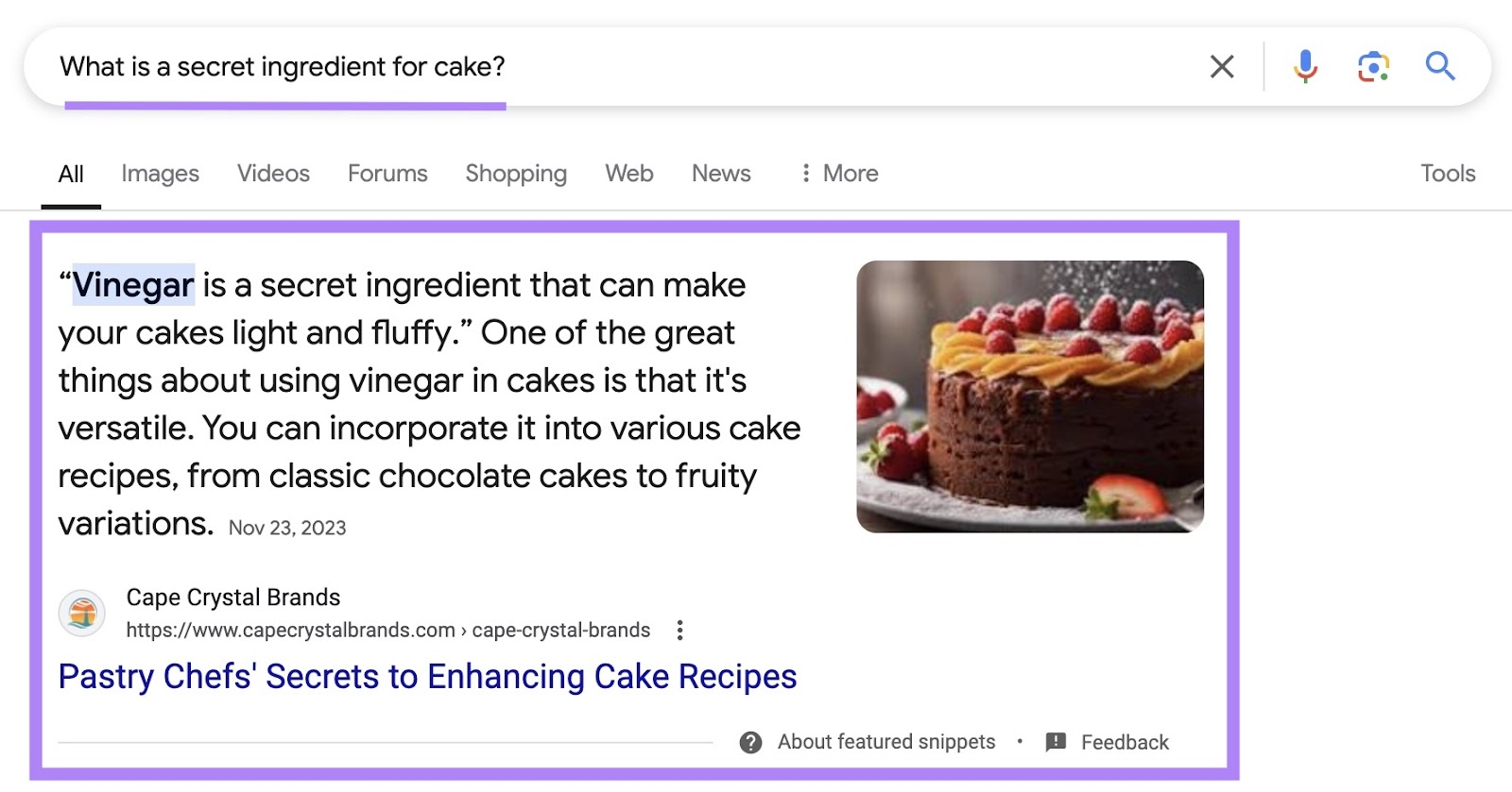 A PAA query entered as the search term on Google which generates a featured snippet that uses the same source as the PAA result.