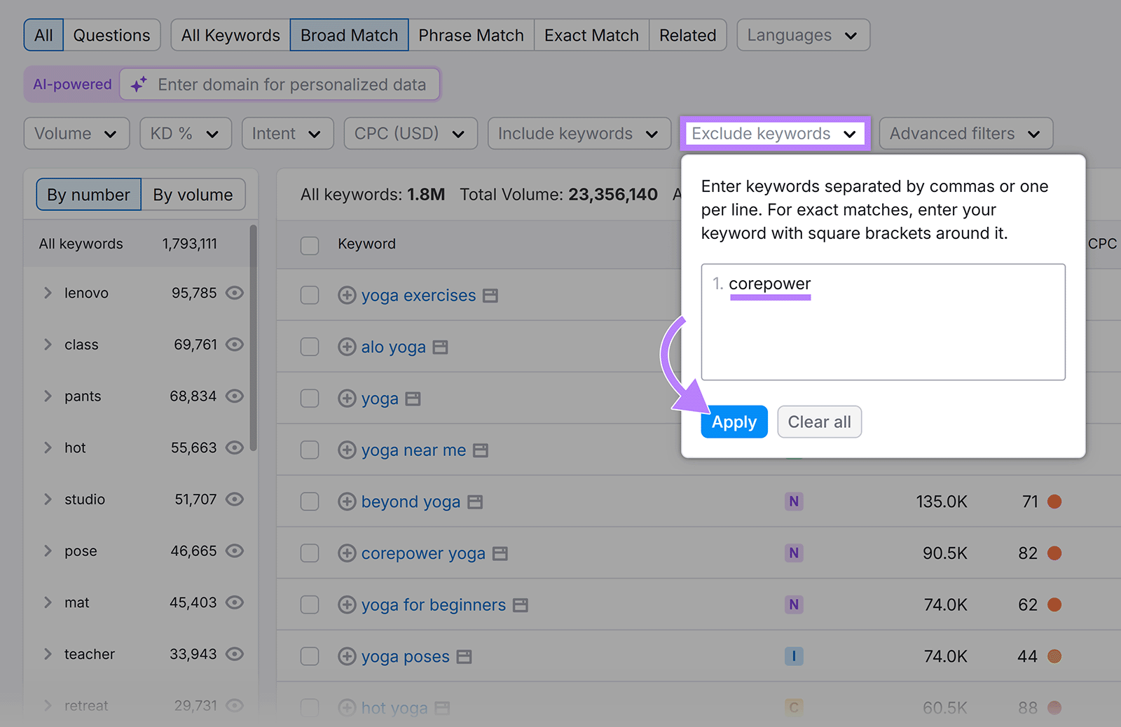 Exclude Keywords filter with a competitor keyword entered and Apply button highlighted.