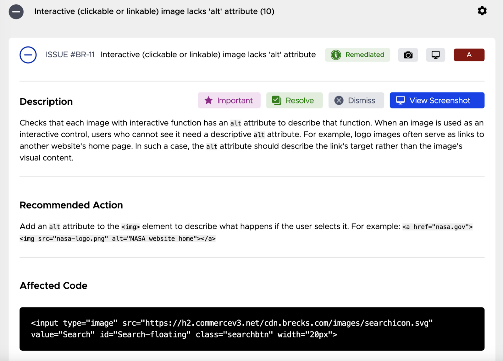 "Interactive (clickable or linkable) image lacks "alt" attribute" violation page