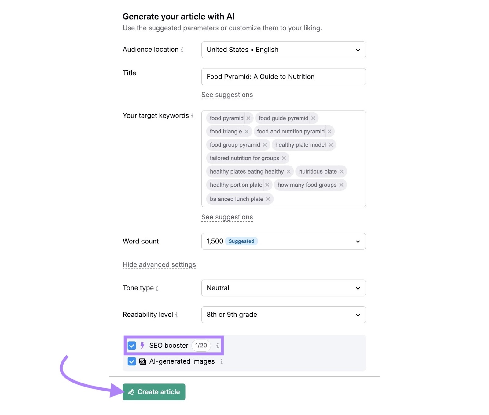AI Article Generator on Content toolkit with the "SEO booster" box checked and "Create article" clicked.