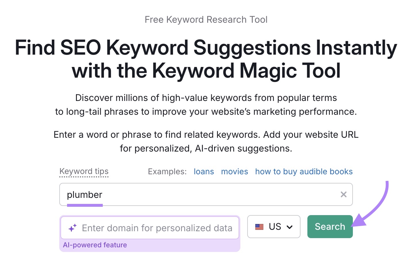 Keyword Magic Tool start with "plumber" entered as the term and "Search" clicked.