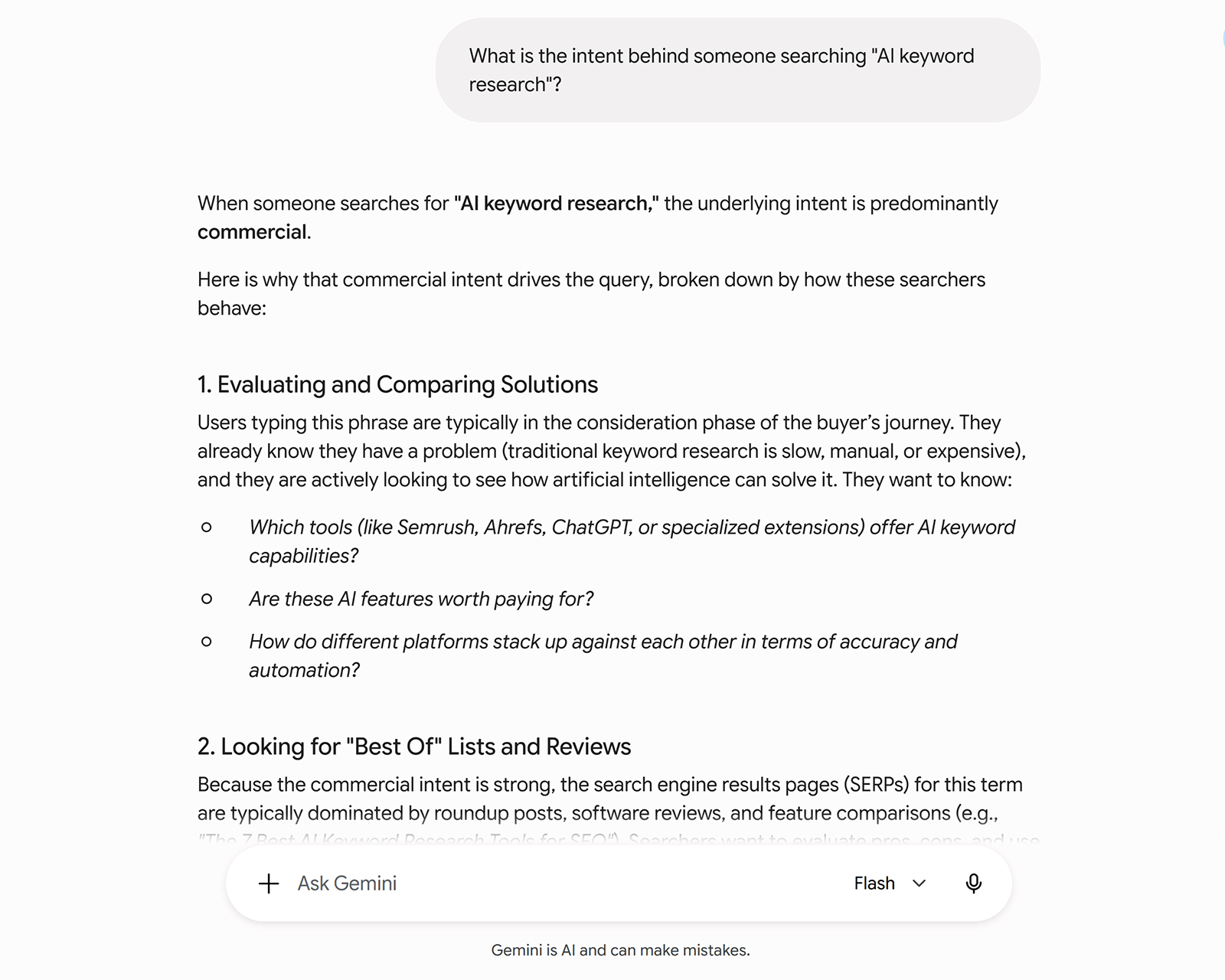 Gemini describing AI keyword research intent as commercial and focused on evaluating tools and solutions