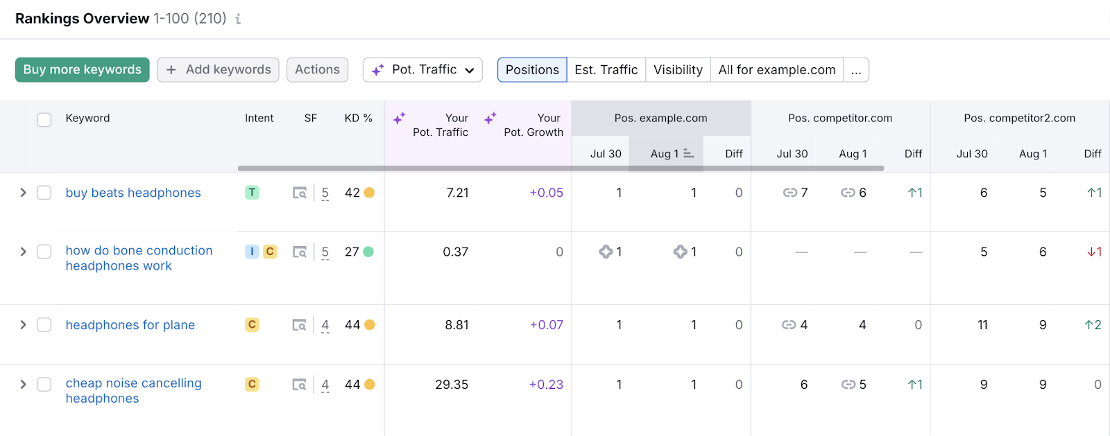 Rankings Overview table shows a list of Google keyword rankings with metrics like position, search intent, and more.