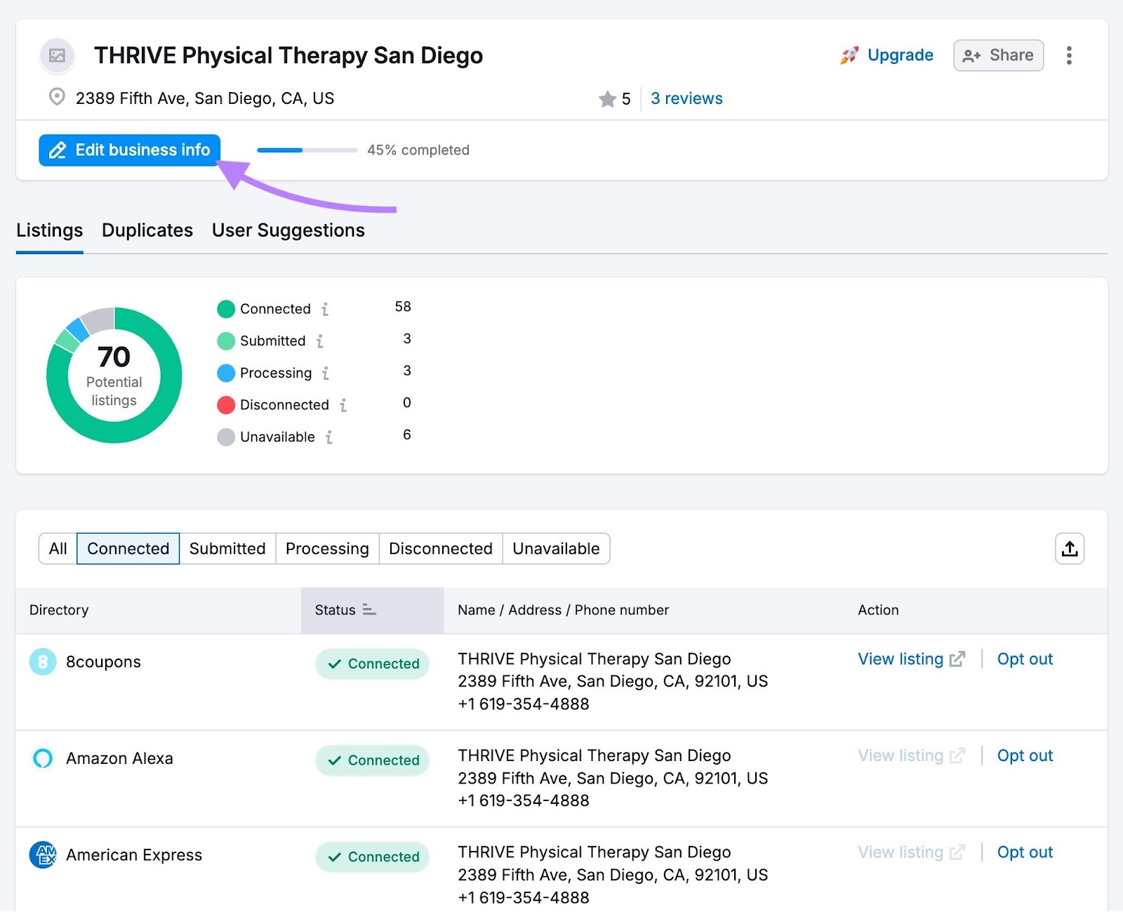 Semrush’s Listing Management tool with "Edit business info" clicked to update business information across all directories that they're listed on.