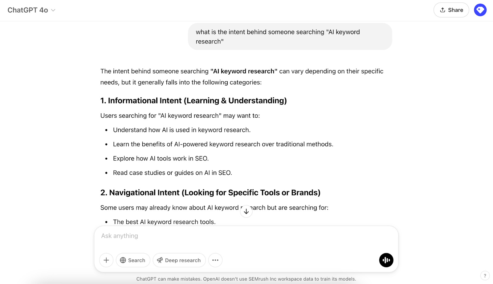 ChatGPT interface showing a prompt to evaluate search intent for a keyword and the response generated by the tool.
