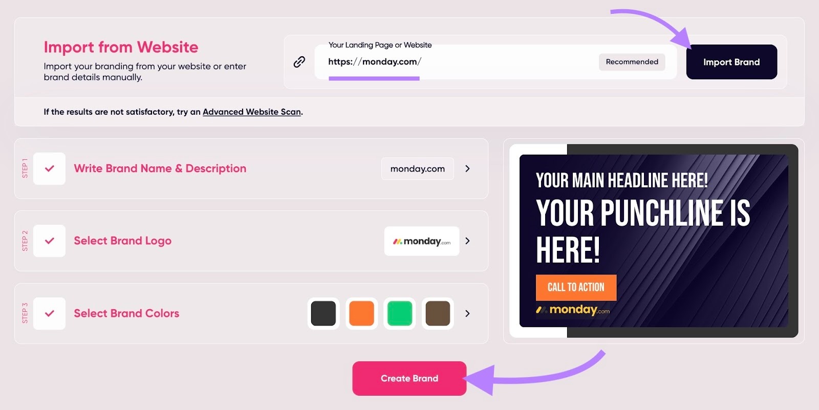 A URL entered along with the "Import Brand" and "Create Brand" buttons clicked on AdCreative.ai.