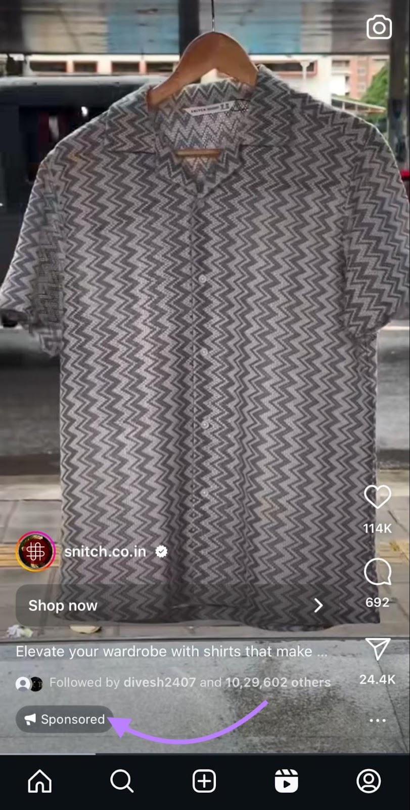 Instagram reel has a sponsored label below the caption.