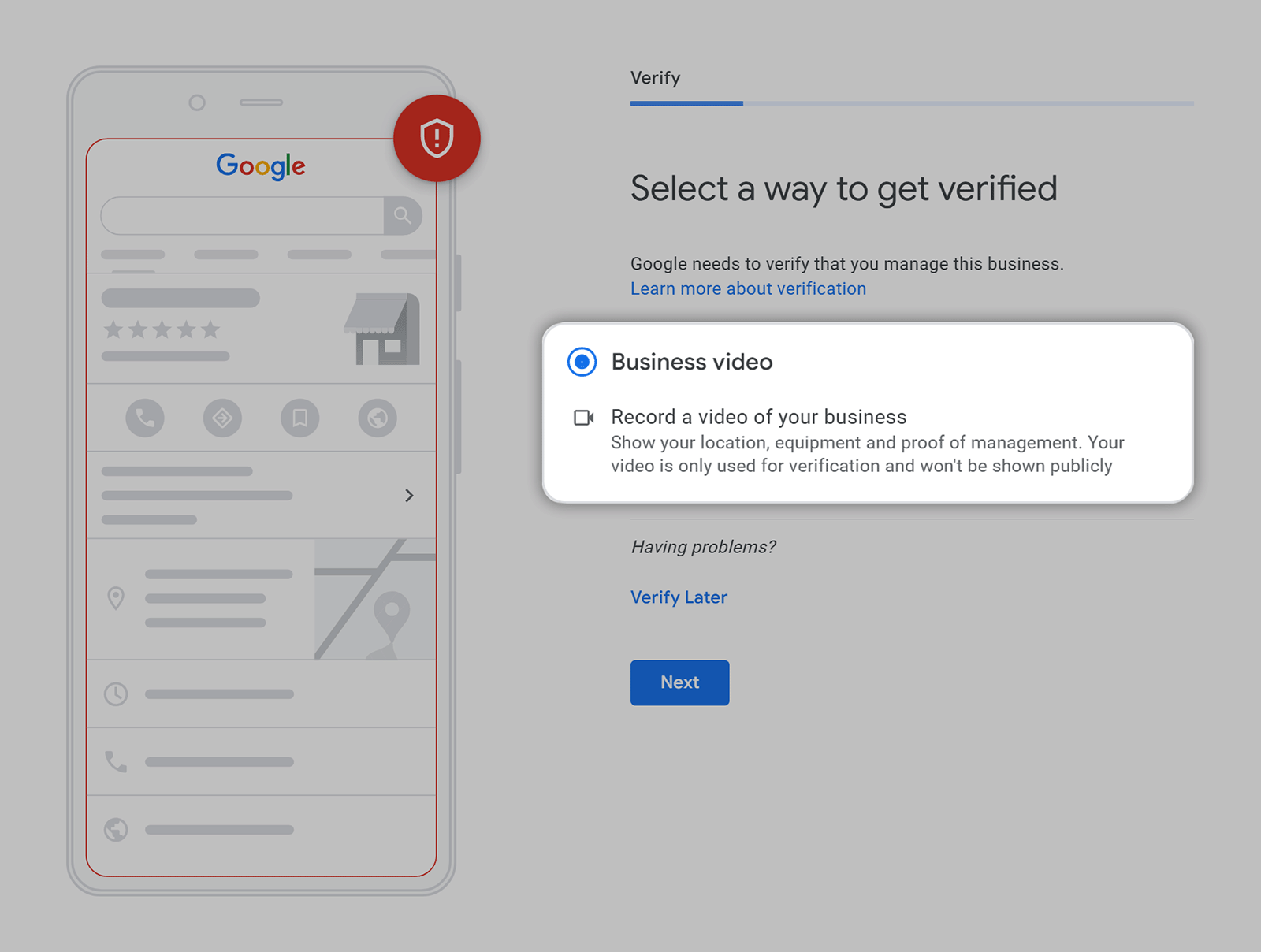 Google Business Profile verification step with the option selected to verify by recording a video