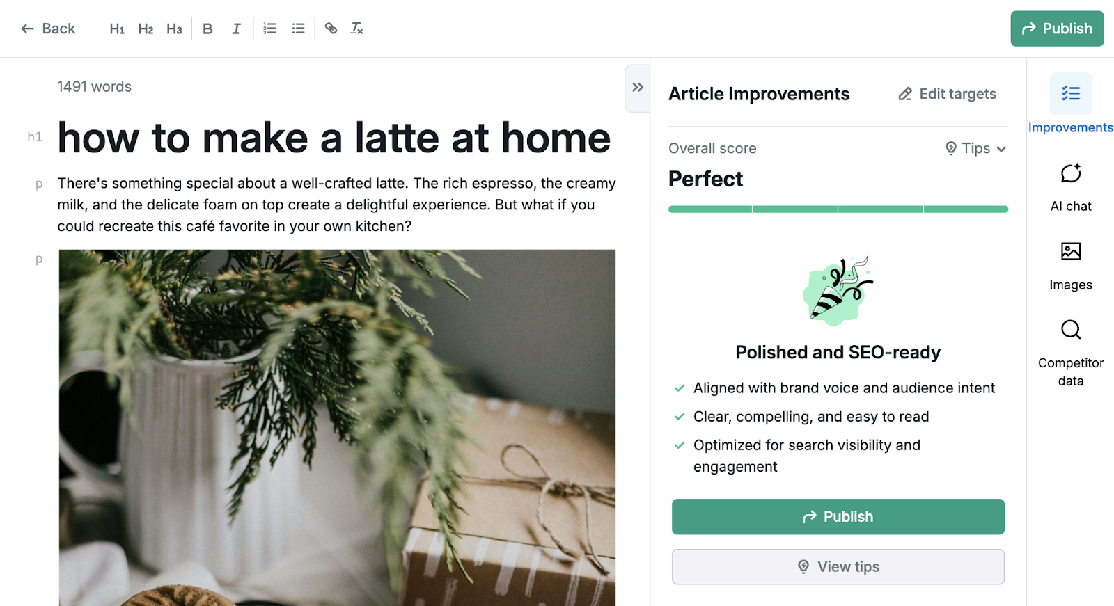 Example article generated with the tool includes text, images, and SEO boost that is ready to publish.