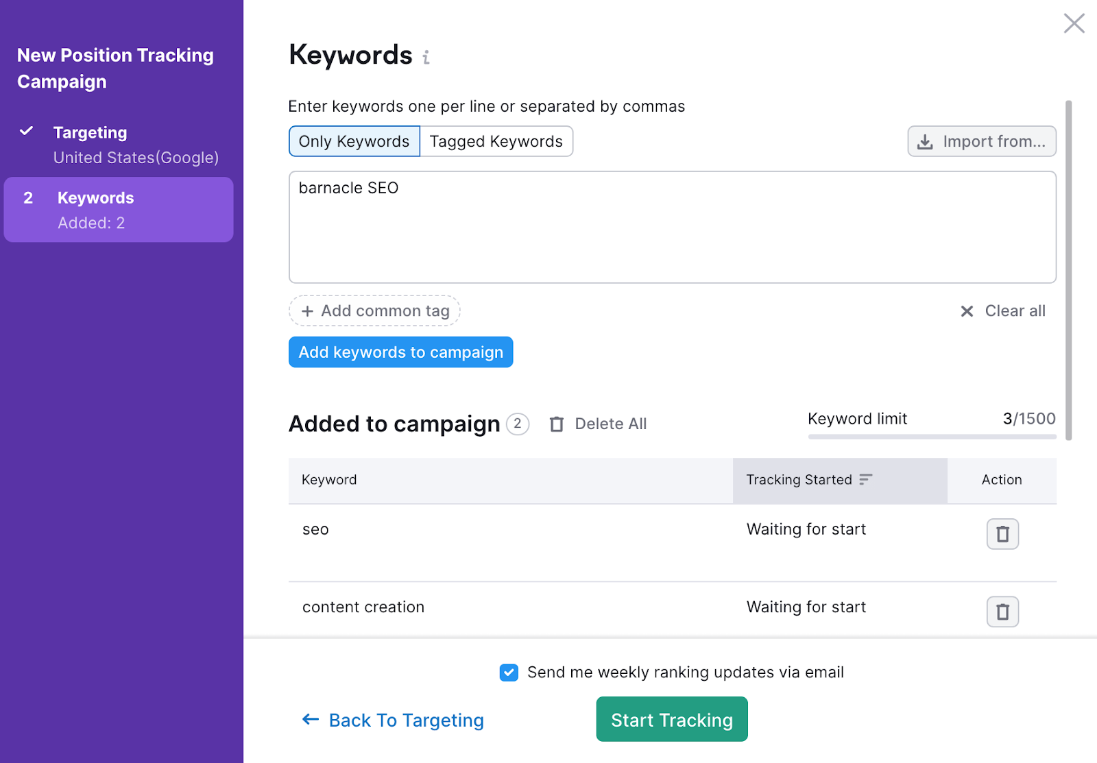 adding "barnacle seo" keyword to the Position Tracking tool