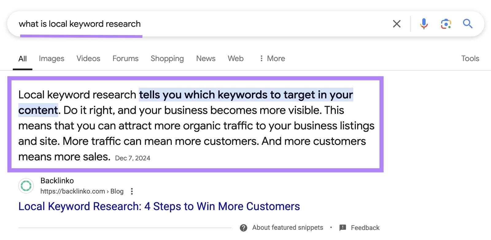 Google SERP for the term "what is local keyword research" triggering a paragraph snippet.