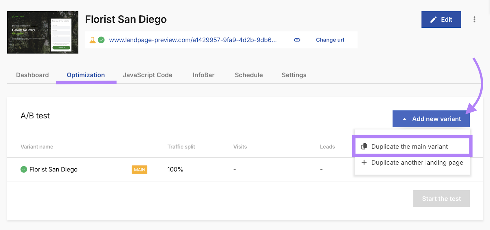 add new landing page variant button is highlighted