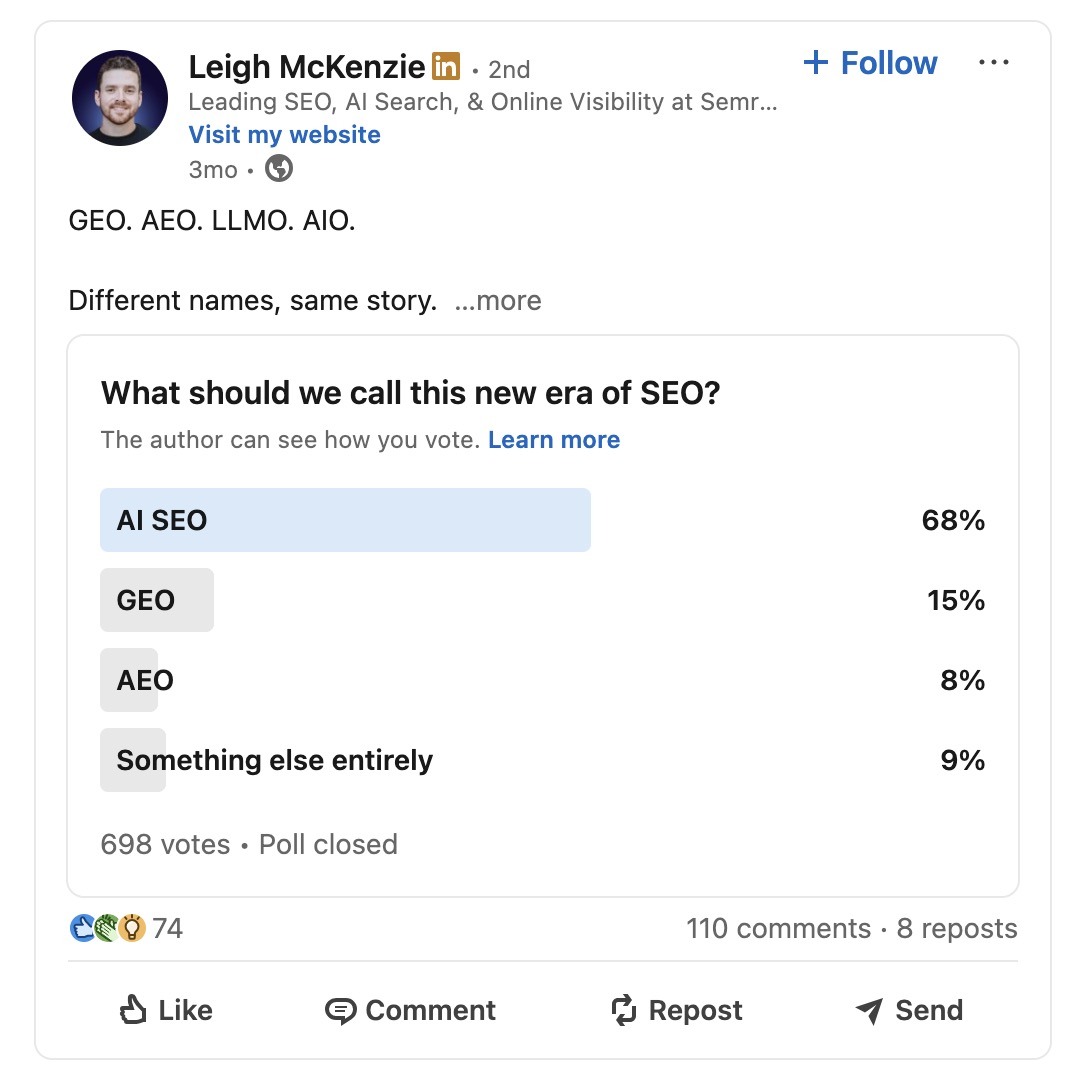 A LinkedIn post with a poll asking the audience what to call this new era of SEO with options like AI SEO, GEO, and AEO.