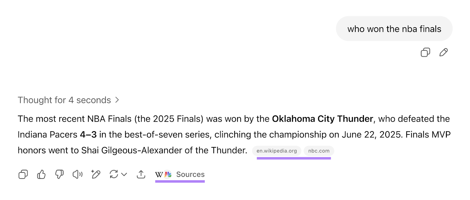 When asked about an event that occurred after the cutoff date, the model provides two informational citations.