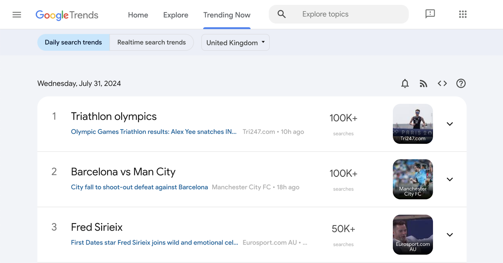 trending now tab with three most searched topics in the UK