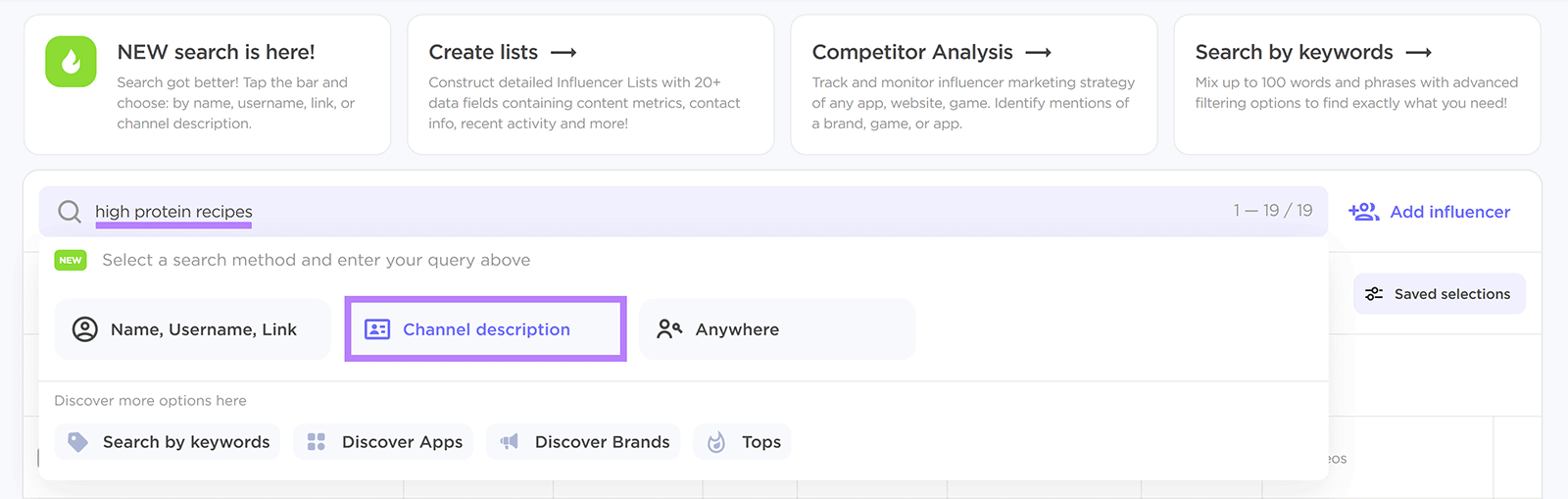 Search bar with 'high protein recipes' typed and Channel description option highlighted.