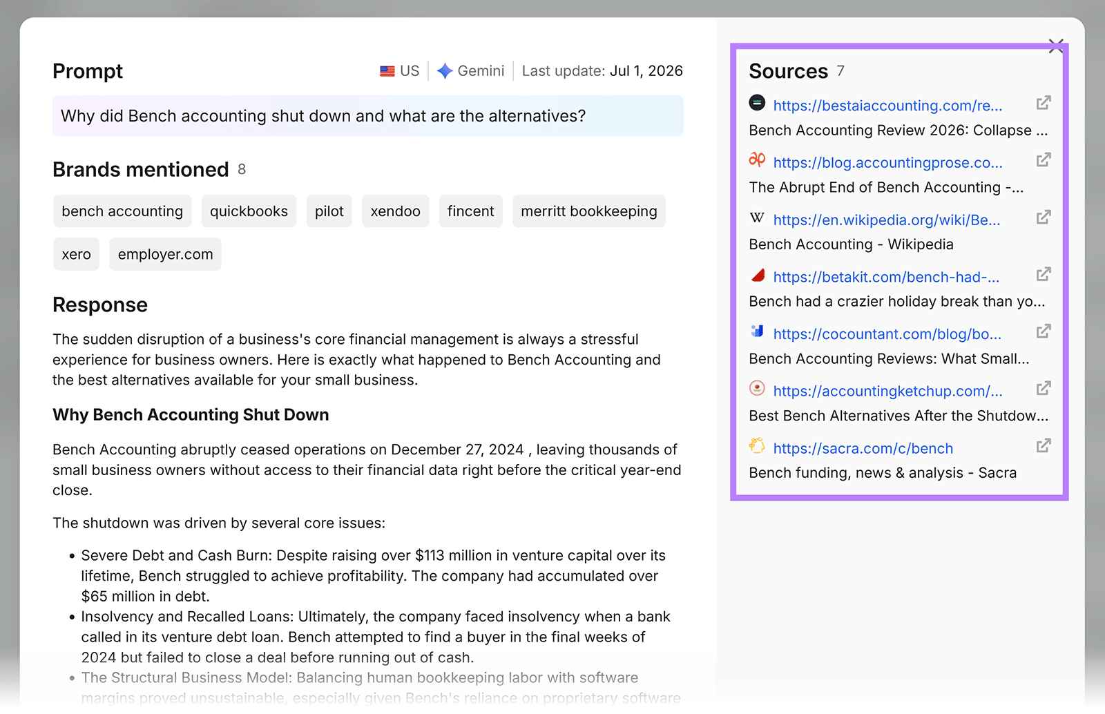 Gemini response about Bench Accounting’s shutdown and alternatives, with seven cited sources listed