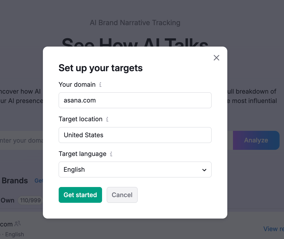 Semrush AI brand performance setup window