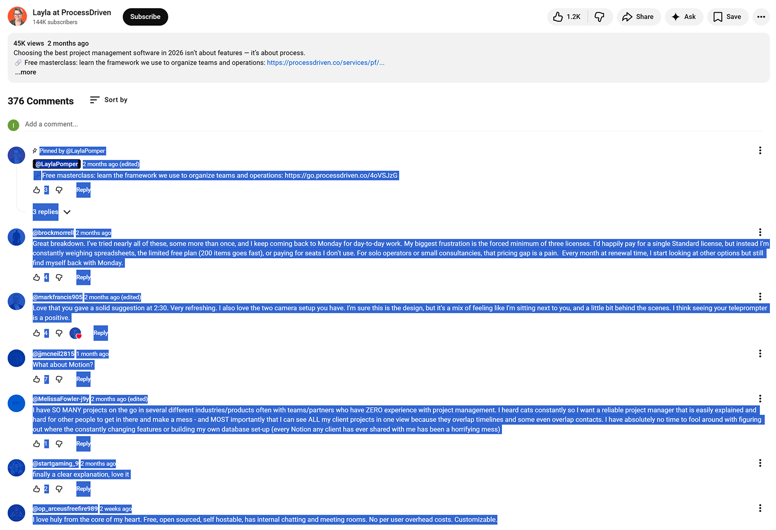 YouTube video comments section showing all comments selected for copying