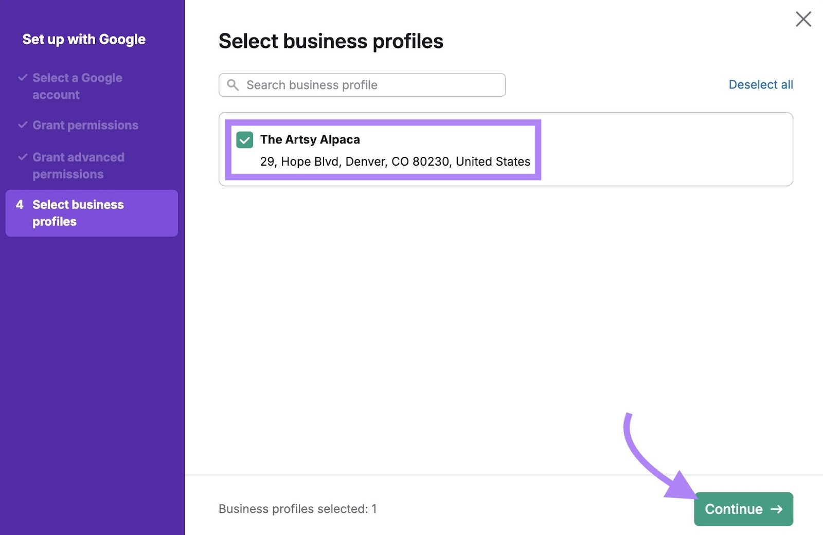 GBP Optimization setup with a business profile selected and "Continue" clicked.