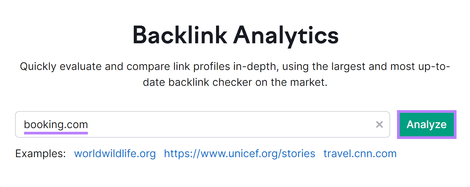 Backlinks tool start with domain name in input field and 'Analyze' button highlighted.
