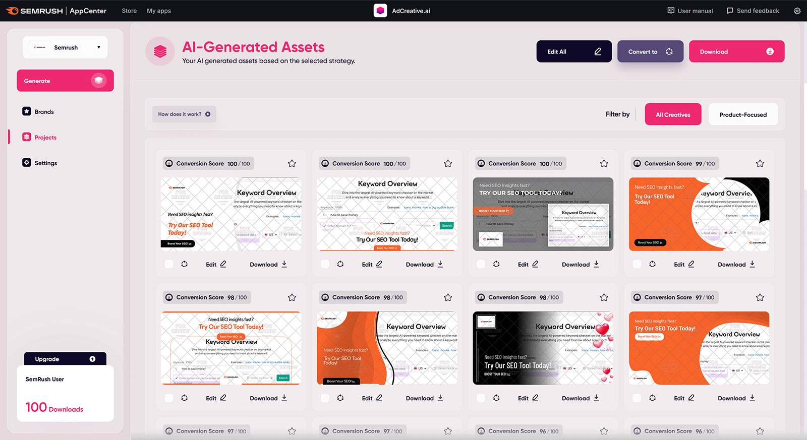AI-generated ad creatives ranked by conversion score, available for editing or download.