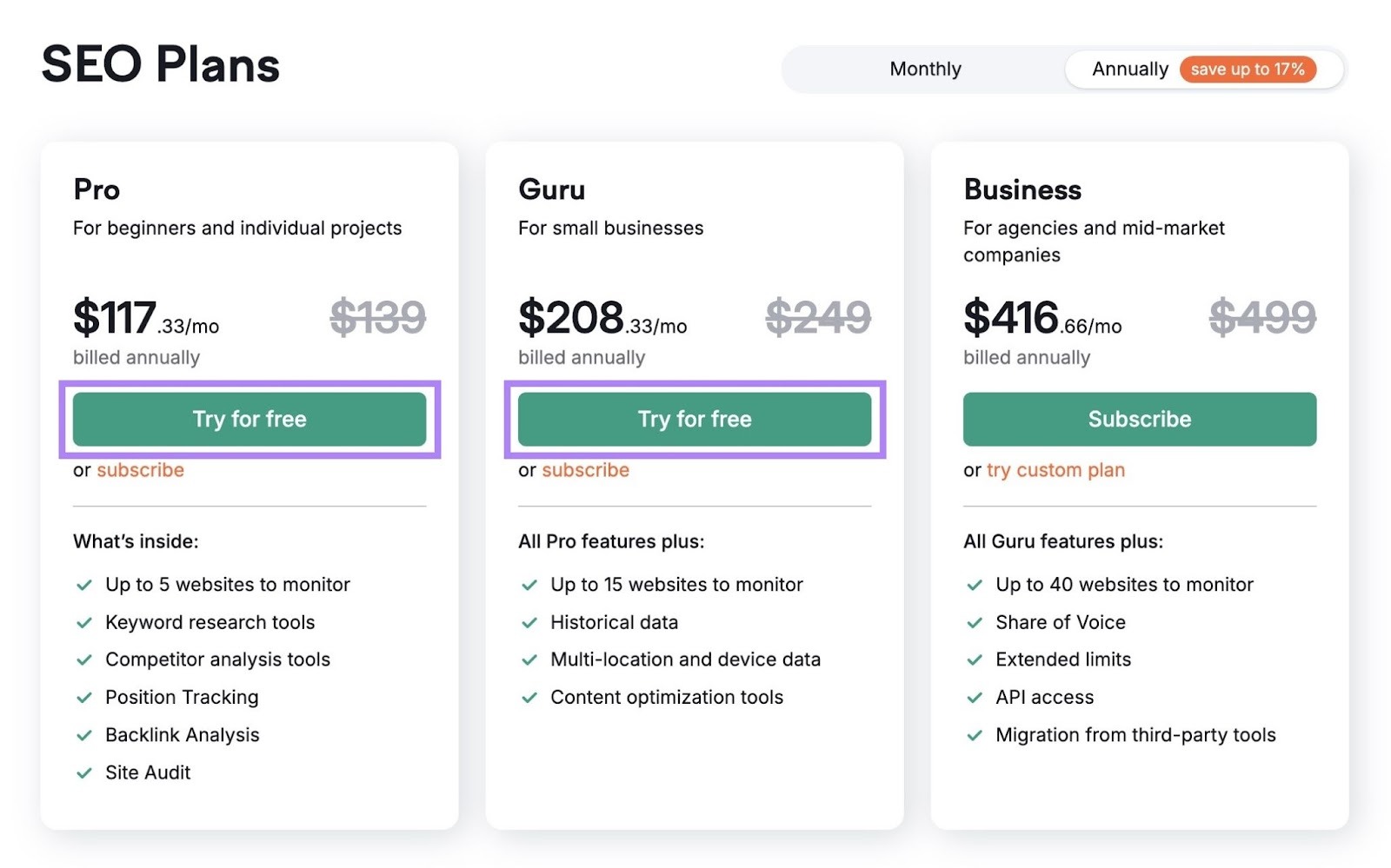 Pricing plans on Semrush with the "Try for free" buttons highlighted.
