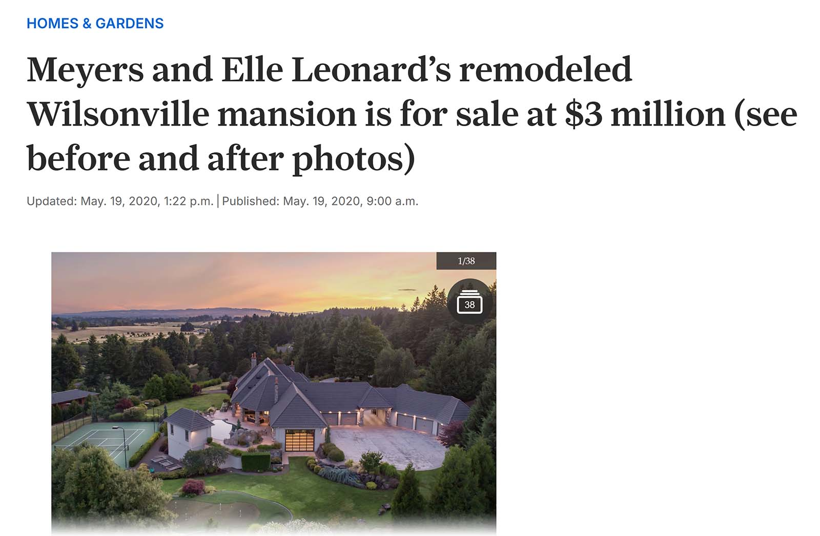 News article about a remodeled mansion for sale with a photo of the property
