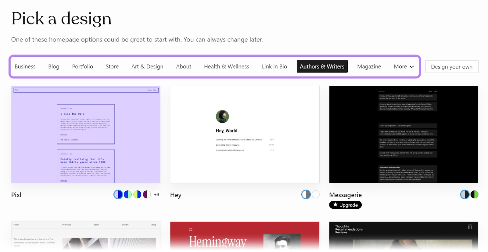 design options in WordPress include business, blog, portfolio, store, and others