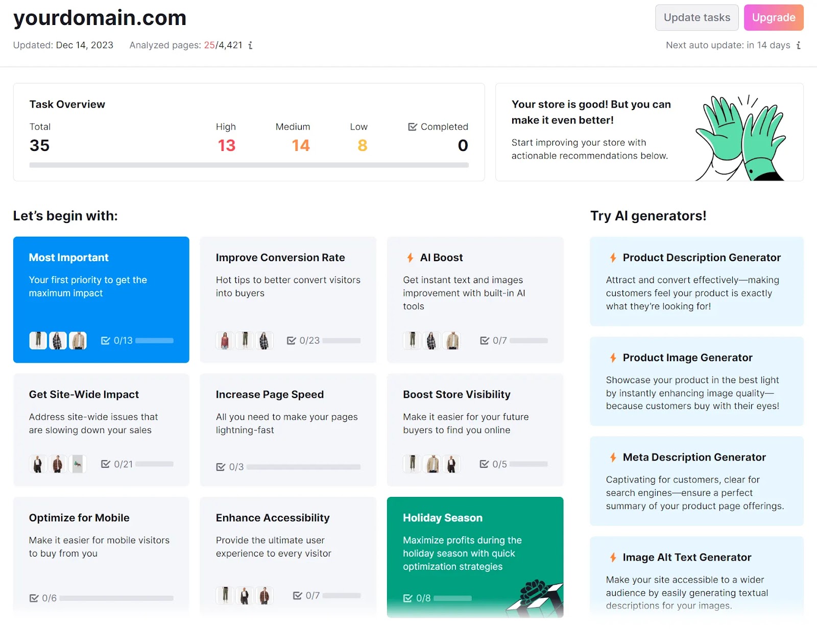 Semrush’s Ecommerce Booster tool dashboard