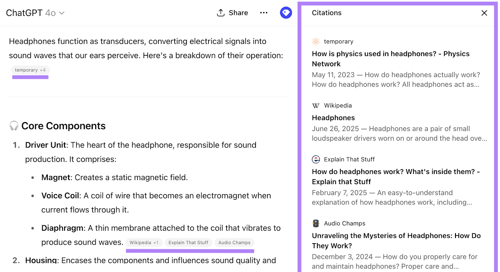 AI citations are noted in-line and in the right-hand sidebar when you open sources.