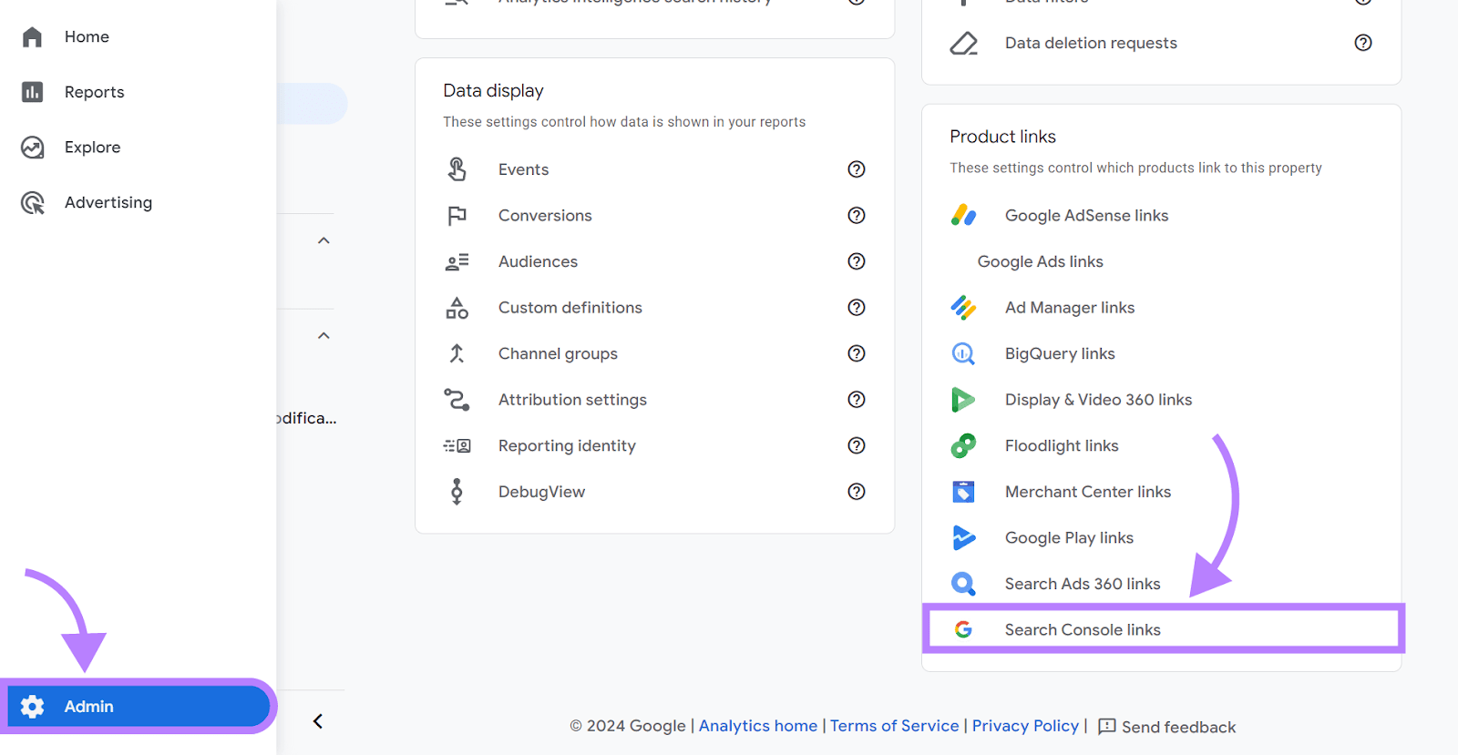 Google Analytics 4 dashboard Admin page with Admin menu option highlighted and arrow pointing to Search Console Links option in the Product links section