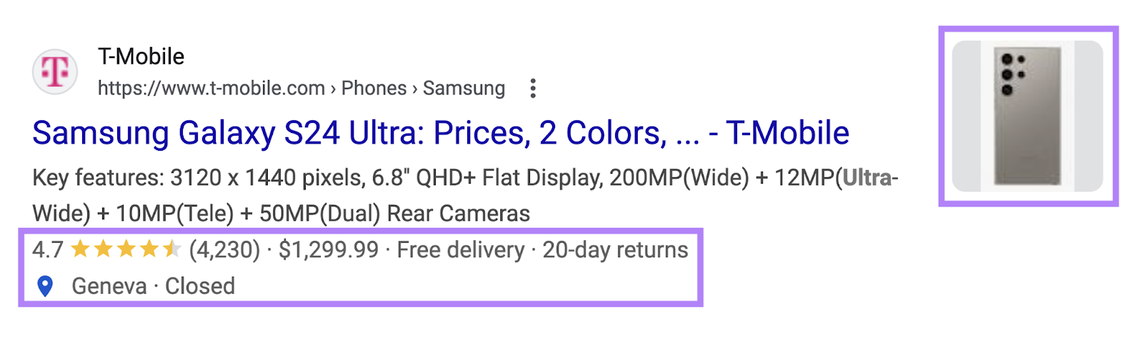 Rich snippet includes a star rating, number of reviews, price, delivery and return information, as well as an image and nearest location to purchase.