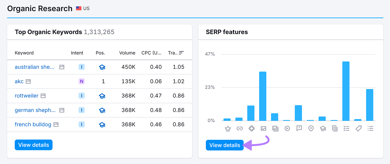 Semrush Organic Research showing top keywords and SERP features chart with “View details” highlighted.