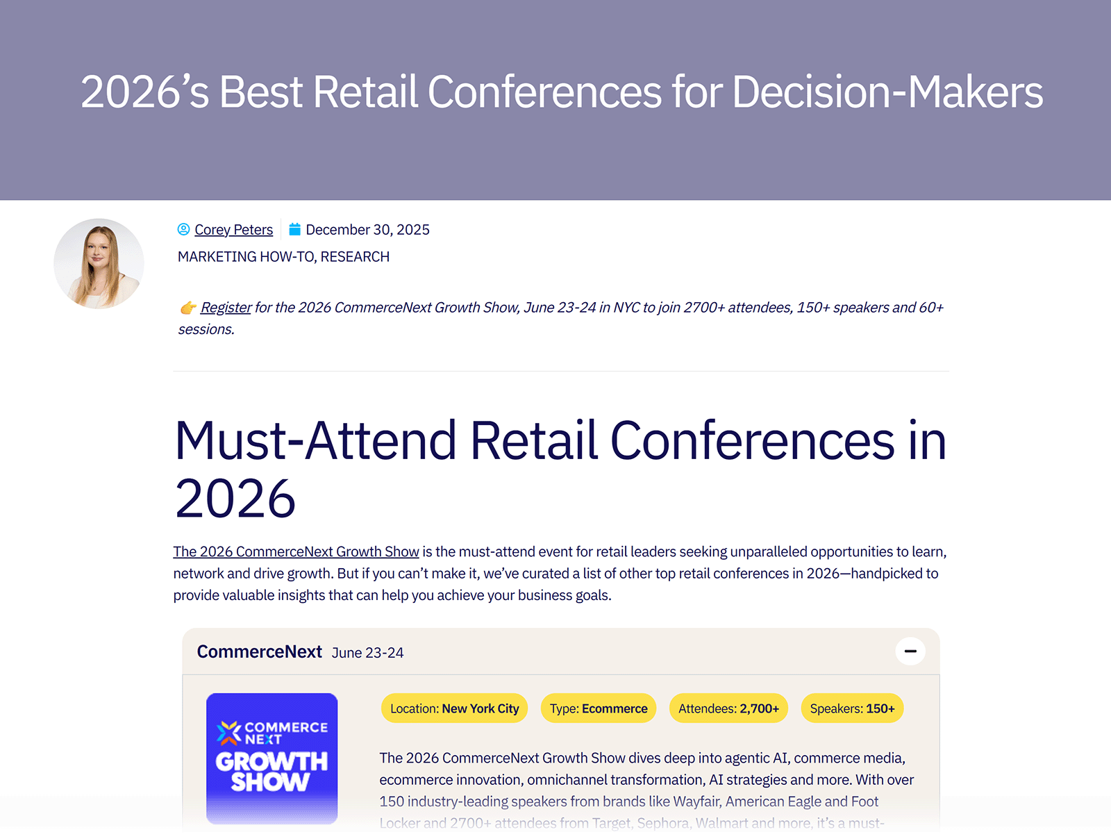 Event-specific blog post example titled ‘Must-Attend Retail Conferences in 2026’.