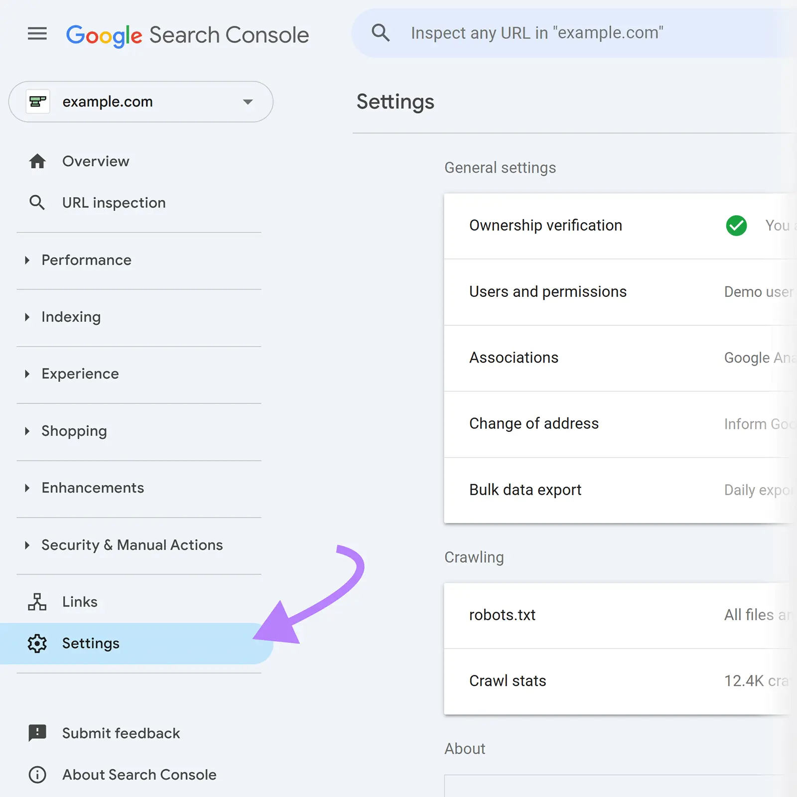 Google Search Console Settings menu highlighted in the left sidebar