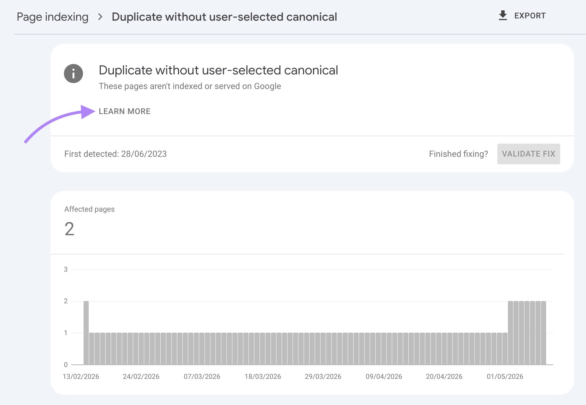 Pages with "duplicate without user-selected canonical" indexing issues on GSC along with the "Learn more" button highlighted.
