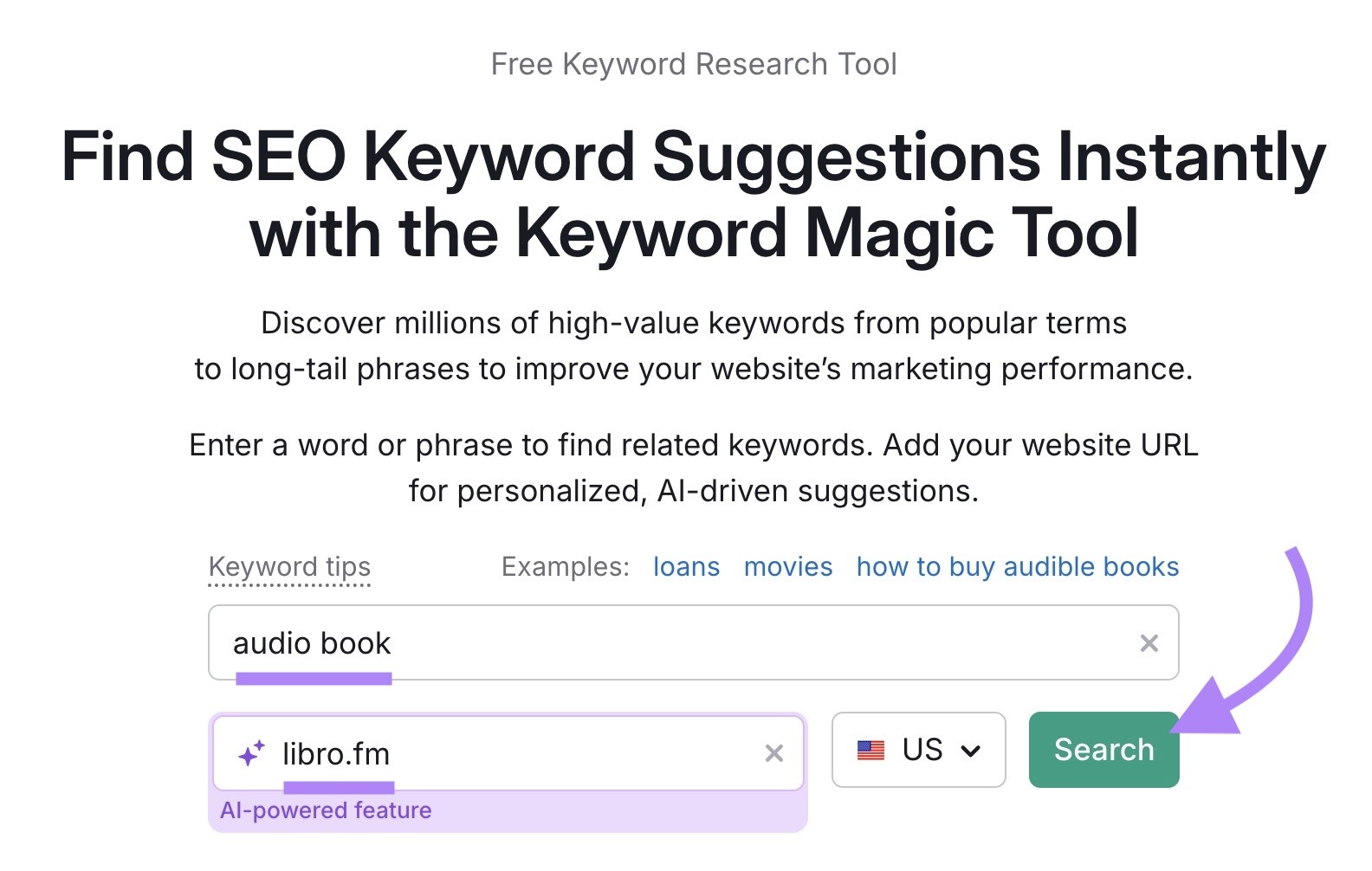 Keyword Magic Tool start with "audio book" entered as the term, "libro.fm" as the domain, and "Search" clicked.