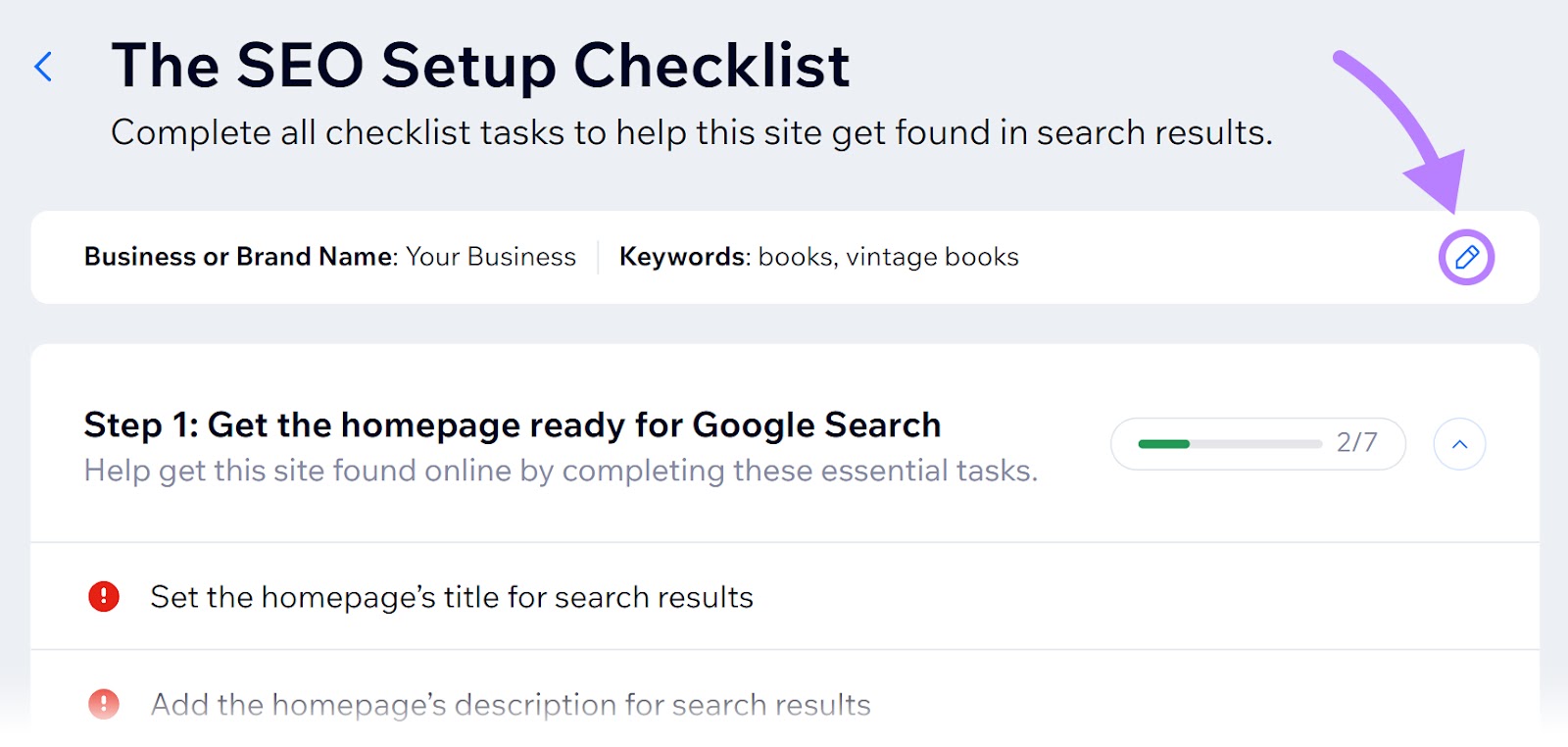 the pencil icon in the top right corner of wix seo checklist
